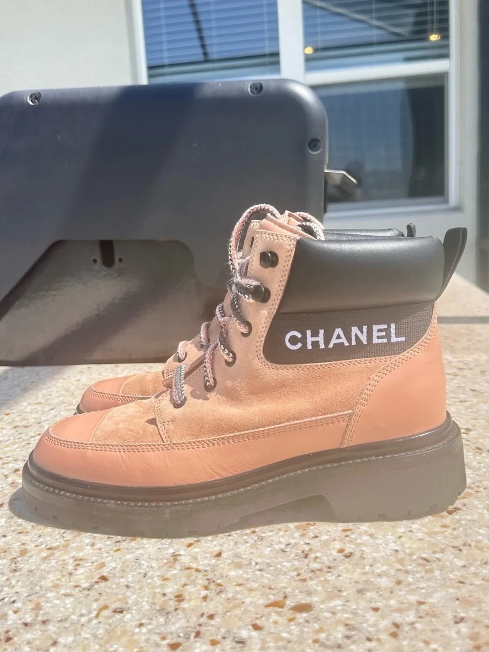 Chanel Pink suede and leather lace-up combat boots  Cc Logo. US Sz 8- 8.5 EU 39